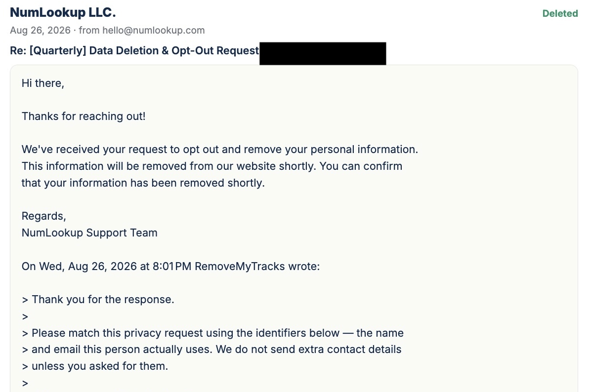 Redacted vendor confirmation email