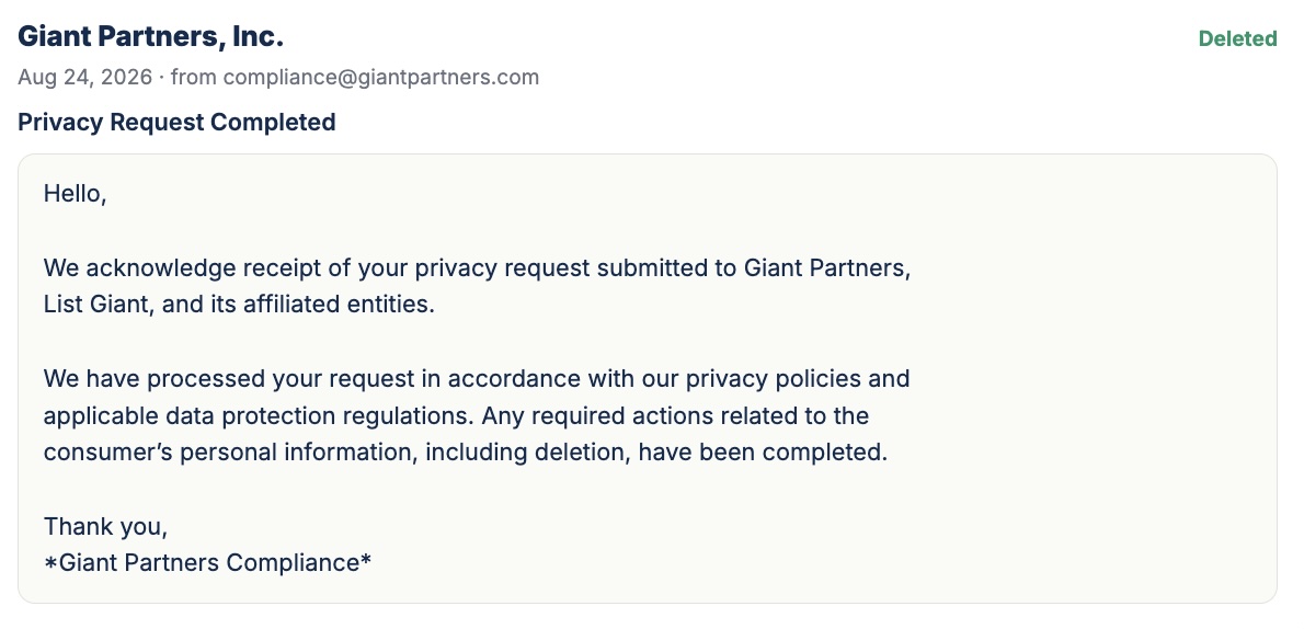 Redacted vendor confirmation email