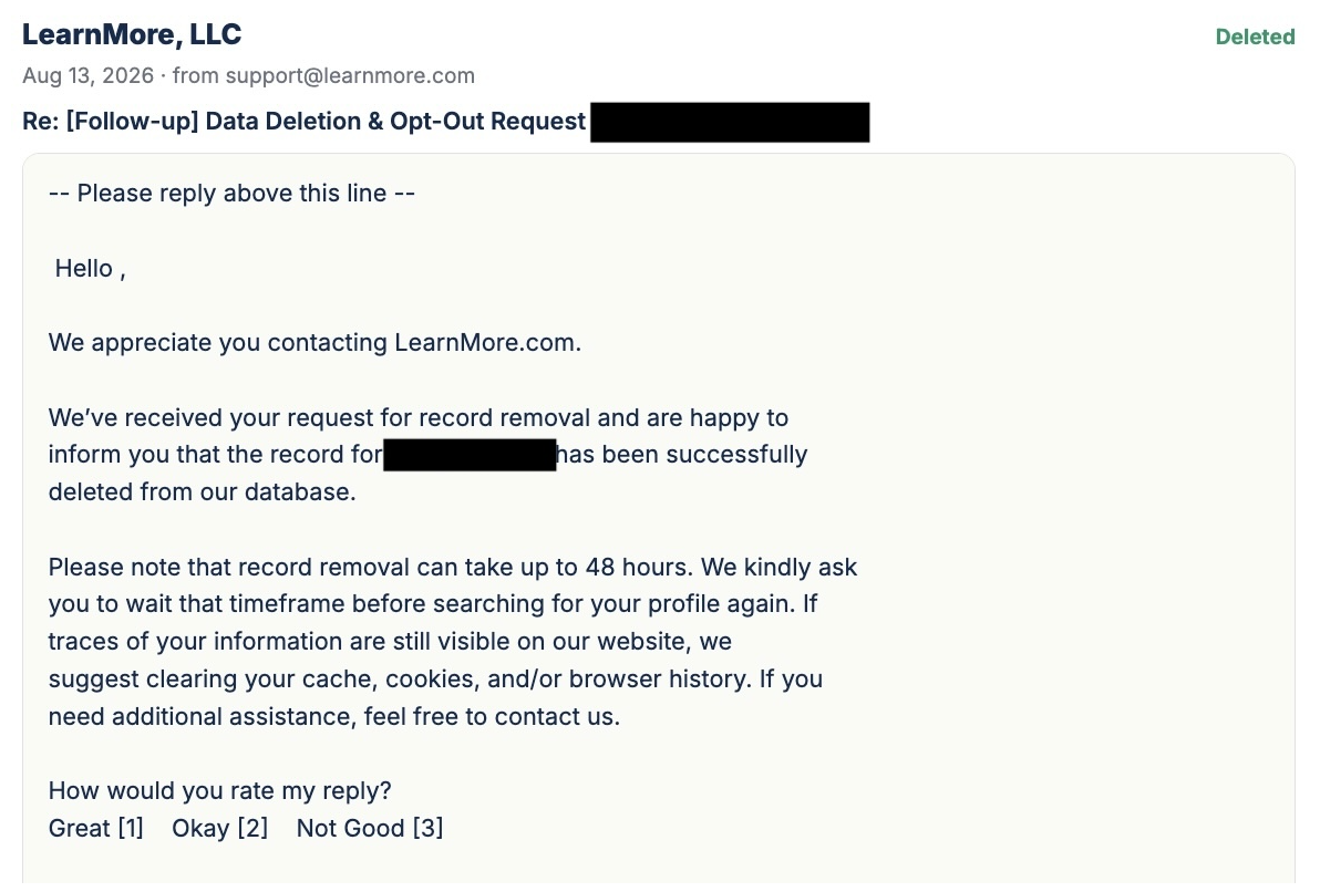 Redacted vendor confirmation email