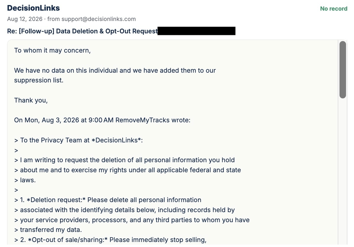 Redacted vendor confirmation email