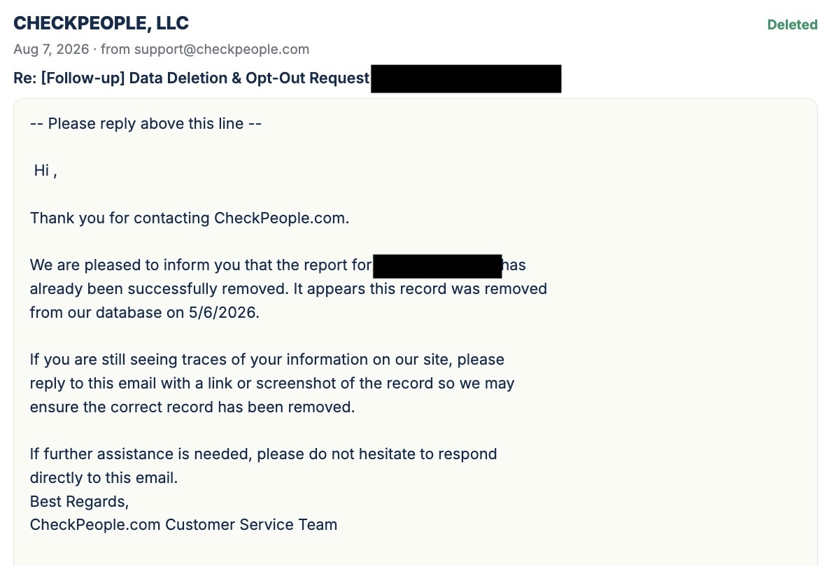 Redacted vendor confirmation email