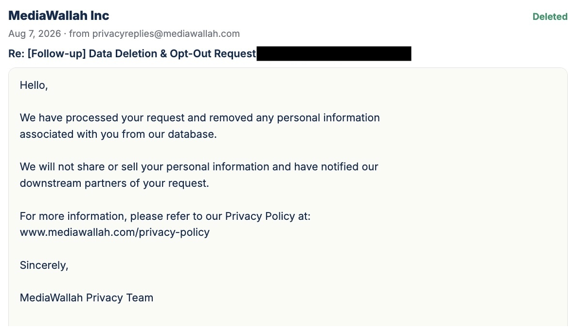 Redacted vendor confirmation email