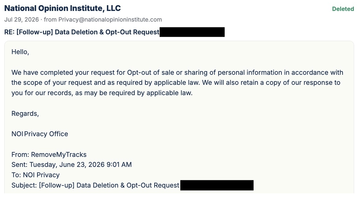 Redacted vendor confirmation email