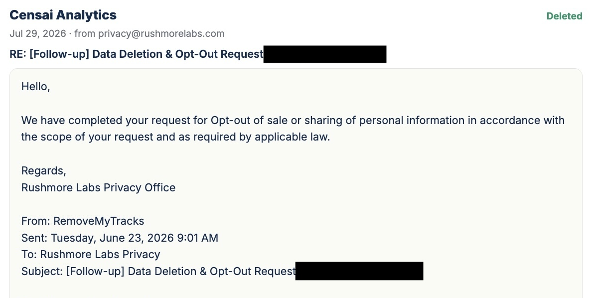 Redacted vendor confirmation email