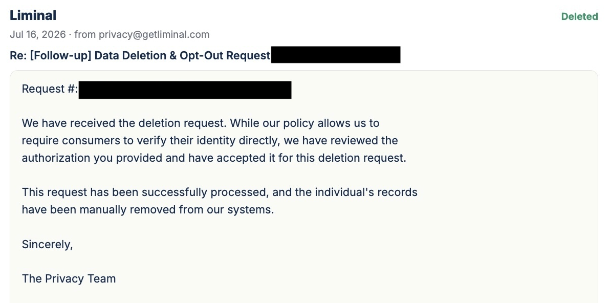 Redacted vendor confirmation email